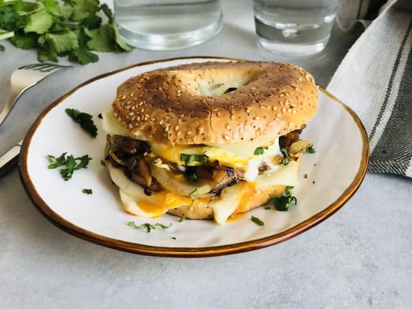 Egg, Cheese, and Mushroom Bagel Sandwich