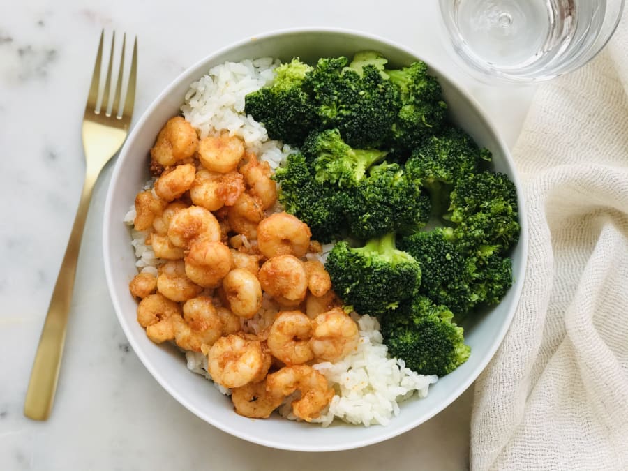 Spicy Jumbo Shrimp with Rice and Broccoli