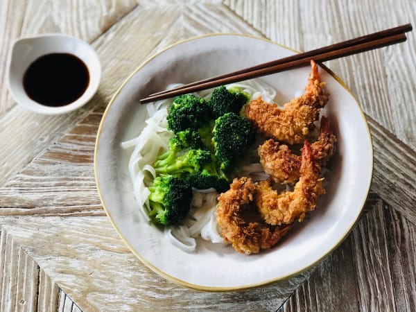 Broccoli, Battered Shrimp, and Noodle Bowl