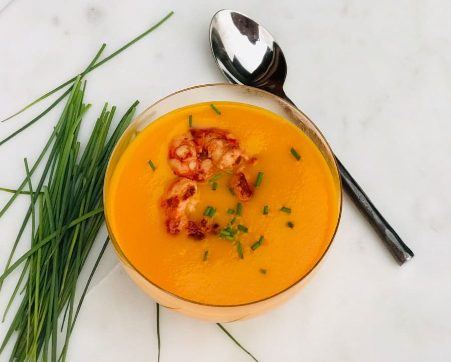 Creamy Carrot Soup with Jumbo Shrimp