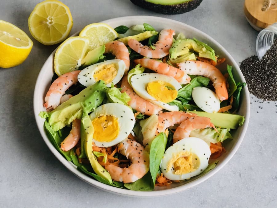 Green Salad with Hard Boiled Eggs and Jumbo Shrimp