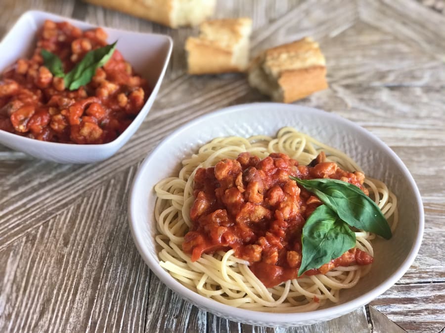 Espaguetis con Soja Texturizada y Champiñones