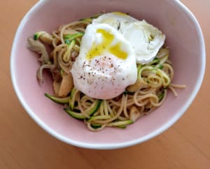 Spaghetti with Vegetables, Poached Egg, and Goat Cheese