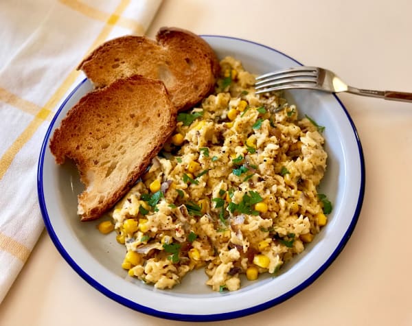 Scrambled Eggs with Onion and Corn
