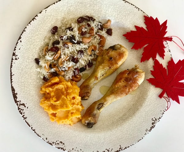 Chicken Legs with Sweet Potato Mash and Rice with Fruit and Nuts