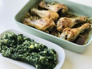 Chicken Legs with Mashed Potatoes and Spinach