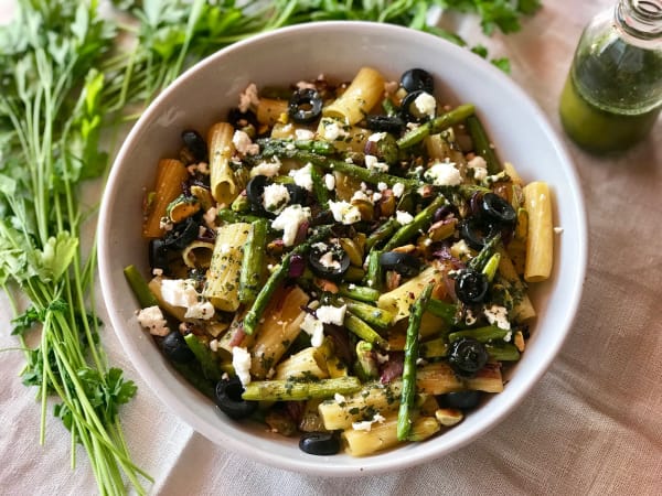 Pasta with Asparagus, Olives, and Pistachio Nuts