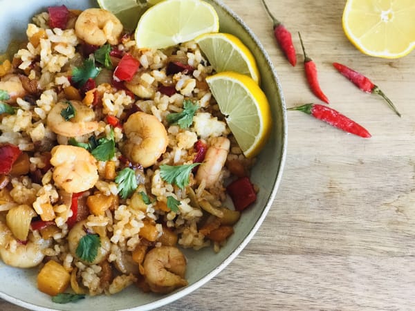 Rice Sauté with Jumbo Shrimp and Vegetables