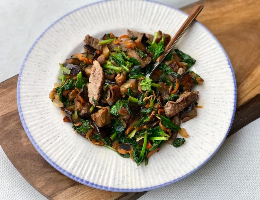Beef Stir Fry with Eggplant and Spinach