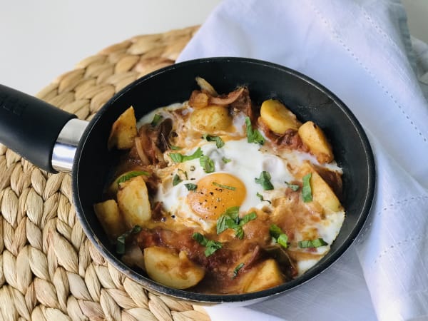 Skillet of Potatoes, Eggs, and Tomatoes